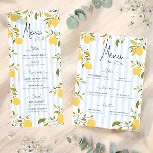 Modèle de menu citron, carte de menu de dîner de mariage d'été imprimable, menu méditerranéen, menu de dîner italien modifiable
