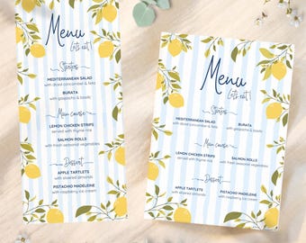 Zitronenmenü-Vorlage, druckbare Menükarte für ein sommerliches Hochzeitsessen, mediterranes Menü, bearbeitbare italienische Menükarte