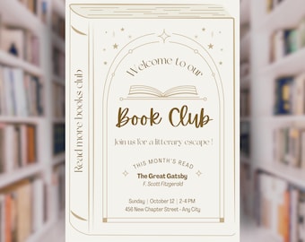 Editable Book Club Invitation Template - Book Theme Invite with Book Cover Design, Book Club Meeting to Read More Books, Instant Download