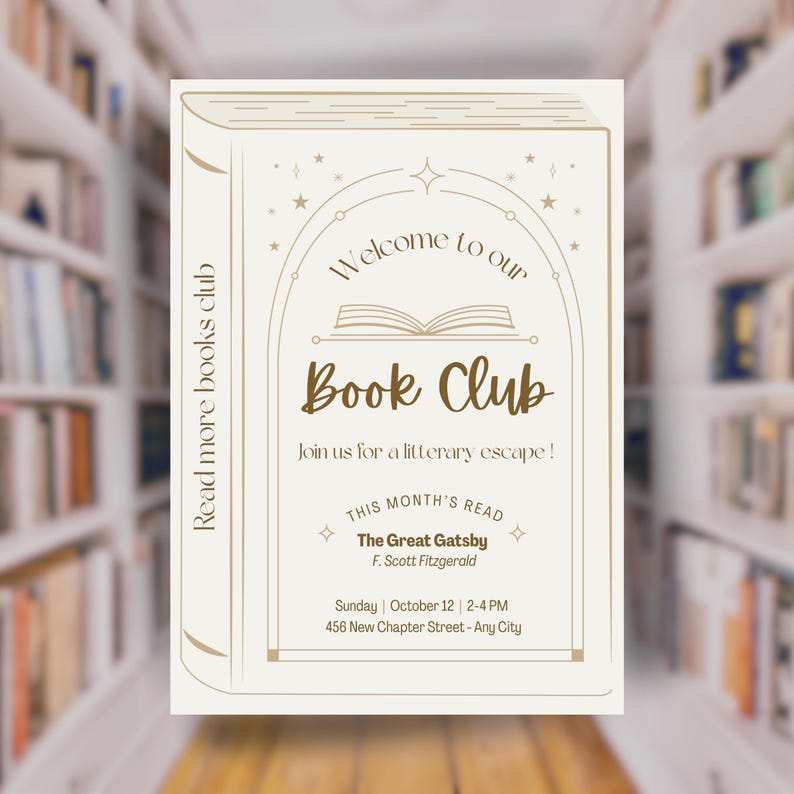 Puede incluir: Un folleto beige para un club de lectura con forma de libro, con el texto "&iexcl;Bienvenido a nuestro club de lectura!" y "&iexcl;&Uacute;nete a nosotros para una escapada literaria!". Presenta "El Gran Gatsby" de F. Scott Fitzgerald.