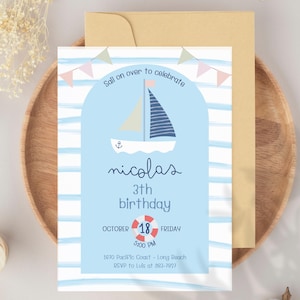 Birthday invitation on the theme of sea and sailing boats, nautical digital template to personalise for your child&#39;s birthday.