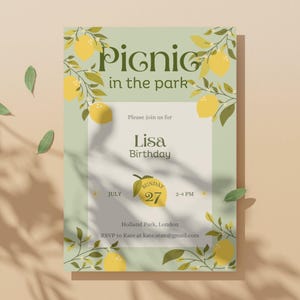 Invitation pique-nique thème citron, modèle de carte à personnaliser pour anniversaire et fête pour l'été et le printemps.