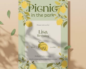 Picnic invitation lemon theme,  stylish card to personalize for spring and summer for birthday, party, brunch, garden party etc.