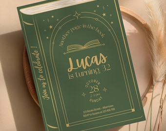 Invitación de cumpleaños con temática de libros y portada de libro antiguo | Plantilla editable de Canva | Descarga digital