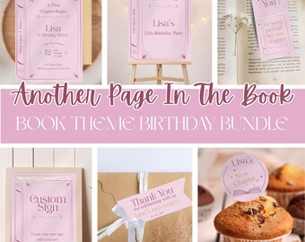 Book theme birthday decoration, canva template bundle with invite