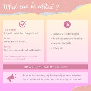 May include: A pink and yellow graphic with text detailing editable features of a template. Text includes options for editing text, fonts, colors, and layout. Additional text highlights instant access, no software download, unlimited downloads, and ease of use.