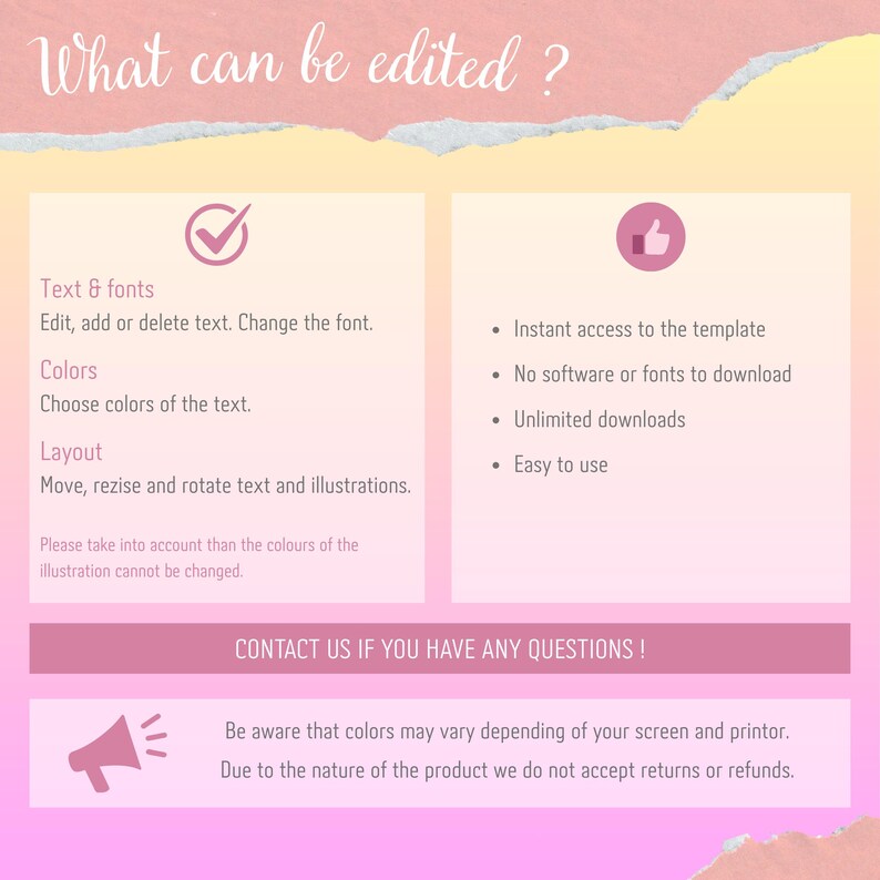 May include: A pink and yellow graphic with text detailing editable features of a template. Text includes options for editing text, fonts, colors, and layout. Additional text highlights instant access, no software download, unlimited downloads, and ease of use.