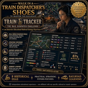 May include: A digital display for the Train Tracker rail dispatch challenge featuring a map of dispatch territory, active train schedules, route status, radio alerts, safety metrics, and a shift score of 87 percent, presented with educational text.