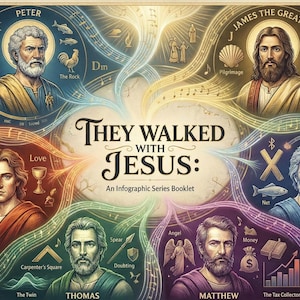May include: An infographic series booklet titled "They Walked with Jesus." The artwork features portraits of religious figures, including Peter, James, John, Andrew, Thomas, and Matthew, surrounded by symbolic imagery and text. The color palette includes blues, greens, and golds.