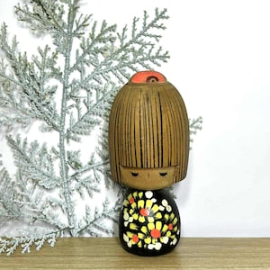 Kokeshi Doll, Vintage Japanese Creative doll &quot;Yellow Floral&quot;(12.3cm.)