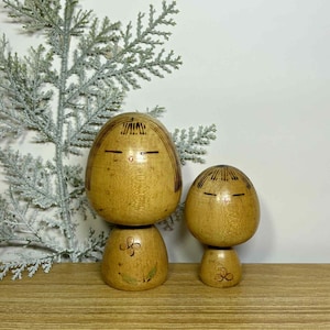 Pair Kokeshi Doll, Vintage Japanese Creative doll &quot;Twin boys&quot; (10.5cm./7.5cm.)