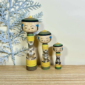 Kokeshi Doll(Set of 3), Vintage Japanese Creative doll &quot;Trio&quot;(12.9cm./9.5cm./6.5cm.)