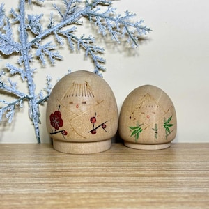 Pair Kokeshi Doll, Vintage Japanese Creative doll &quot;Bamboo and Flower branches&quot; (5.4cm./4.3cm.)