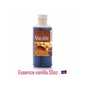 May include: A brown glass bottle with a white cap, labeled "Vanille Essence" in brown text. The bottle contains a dark brown liquid. The label also features a brown illustration of vanilla beans and a wooden bowl with brown powder. The text "Essence vanilla 10oz." is written below the bottle.
