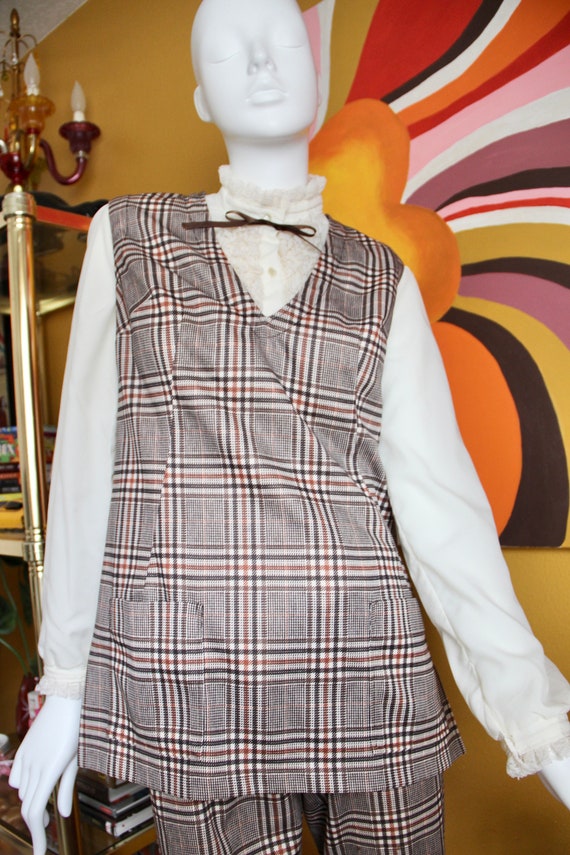 50s Set of Brown Plaid Vest & Pants - image 9