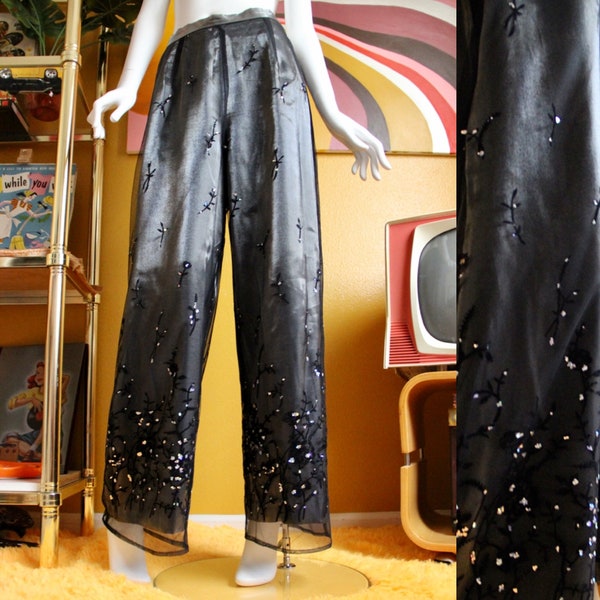 80s Palazzo Pants Jewel Embellished & Embroidered Sheer Black with Inner