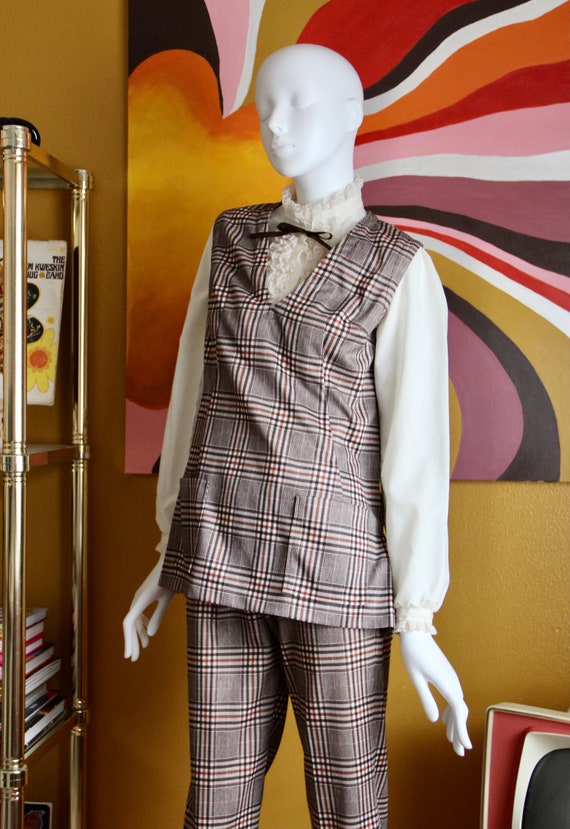 50s Set of Brown Plaid Vest & Pants - image 3