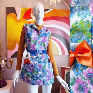 60s Skater Flower Power Blue Pink Minidress with Orange Bow Accents and Side Pockets Mid Century