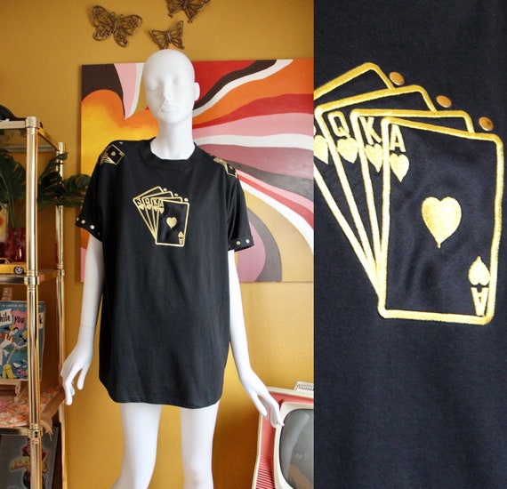 70s Aces Card Embroidered Game Steampunk Black T-… - image 1