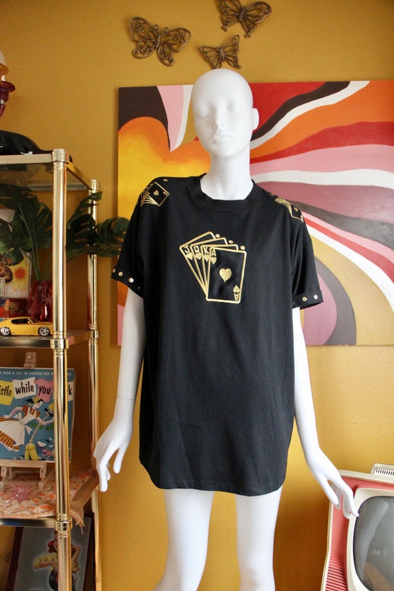 70s Aces Card Embroidered Game Steampunk Black T-… - image 3