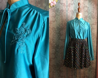 Sz S-M Set-of-Vtg 70s Blouse & 80s Skirt Polka Dotted Rainbow Skirt Embroidered Teal Top with Bow