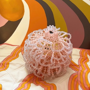 60s  MidCentury Tissue Holder Pink and Beaded with Old Tissue