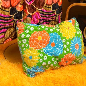 60s Hand Quilted Pillow Cover Sham in Blue Orange Yellow Floral Print Flower Power with Zipper
