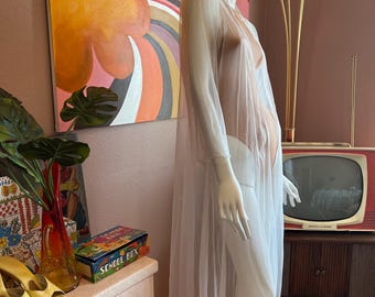 Bata de los años 60, talla S, blanca, de encaje transparente, camisón, lencería superpuesta
