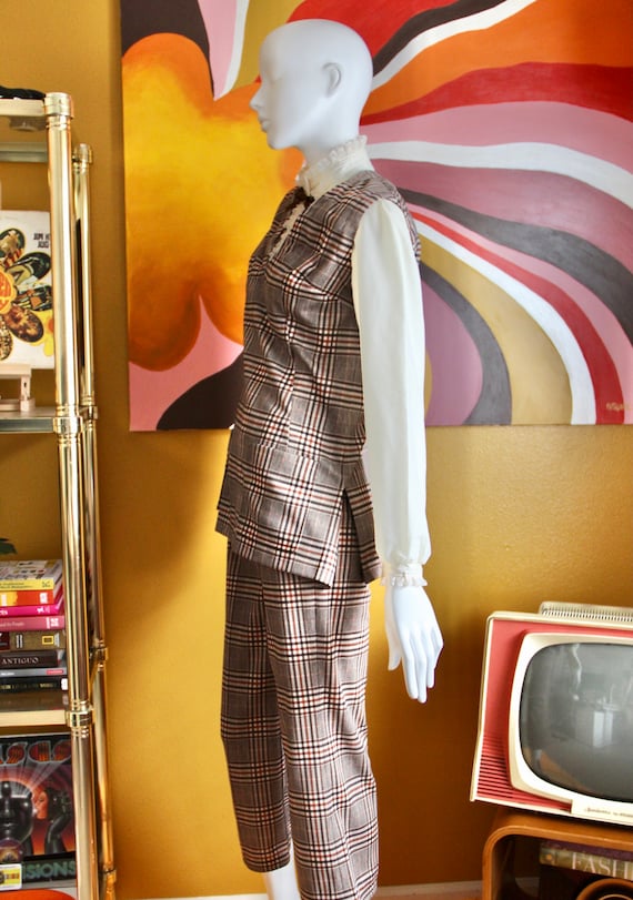 50s Set of Brown Plaid Vest & Pants - image 7