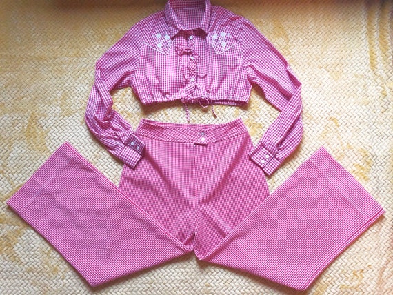 Sz S-M 70s Set Embroidered Gingham Crop Top & Ging