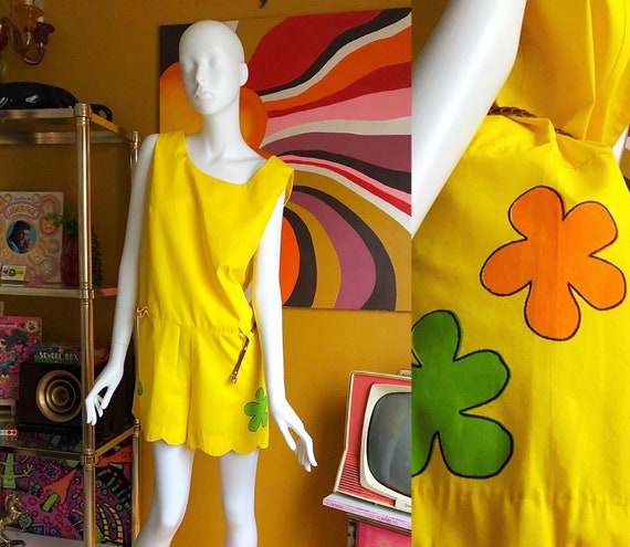 Sz M 60s Romper Flower Power Accent  Yellow Jumps… - image 1