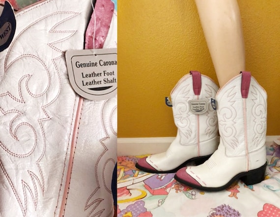 Sz. 7 80s Genuine Leather Pink and White Cowboy Bo