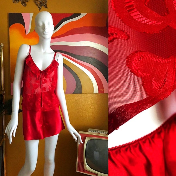 80s XL Secret Treasures Red Camisole and Tap Pants Set in Polyester with Heart Details