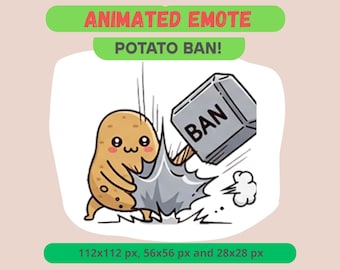 BAN Hammer Potato Animated Emote for Streamers, Kawaii Funny Sign GIF For Kick, Discord, Twitch Chat, Spud Reaction Sticker Meme Sub Badge