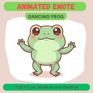 May include: A cartoon illustration of a dancing frog with a light green body, rosy cheeks, and large, expressive eyes. The image includes the text "ANIMATED EMOTE" and "DANCING FROG" in green banners, along with pixel dimensions.