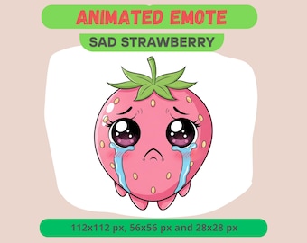 Crying Strawberry Animated Emote for Streamers, Kawaii Sad Berry GIF For Kick, Discord & Twitch, Tearful PNG Reaction, Channel Point Sticker
