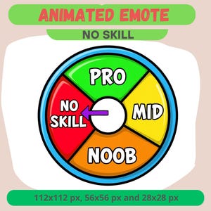 Könnte beinhalten: Animierte Emote-Grafik mit einem Rad, das in vier Abschnitte unterteilt ist: Pro, Mid, Noob und No Skill. Ein lila Pfeil zeigt auf den Abschnitt No Skill. Der Text "ANIMATED EMOTE" und "NO SKILL" wird über dem Rad angezeigt.