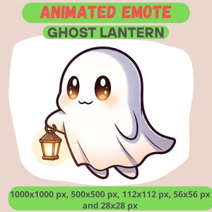 May include: An animated emote of a cute ghost holding a lantern. The ghost is white with brown eyes and a small smile. The lantern is brown with a yellow glow. Text at the top reads "ANIMATED EMOTE GHOST LANTERN".