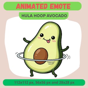 May include: Animated emote of a smiling avocado with a hula hoop. The avocado is green with a brown pit and is animated with arms and legs. Text at the top reads "ANIMATED EMOTE" and "HULA HOOP AVOCADO". The image also includes pixel size information.