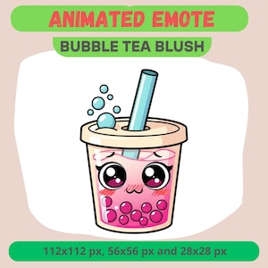Puede incluir: Emoticón animado de un bubble tea con rubor. El bubble tea tiene un rubor rosa, boba rosa y una pajita azul. El texto "Animated Emote" y "Bubble Tea Blush" se muestra en verde. La imagen está disponible en 112x112, 56x56 y 28x28 px.