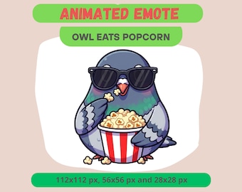 Animated Owl Eating Popcorn Emote For Twitch, Silly Cute Emoticon For Streamers, Playful Chat GIF For Kick Streams, Kawaii Animal Sub Badge