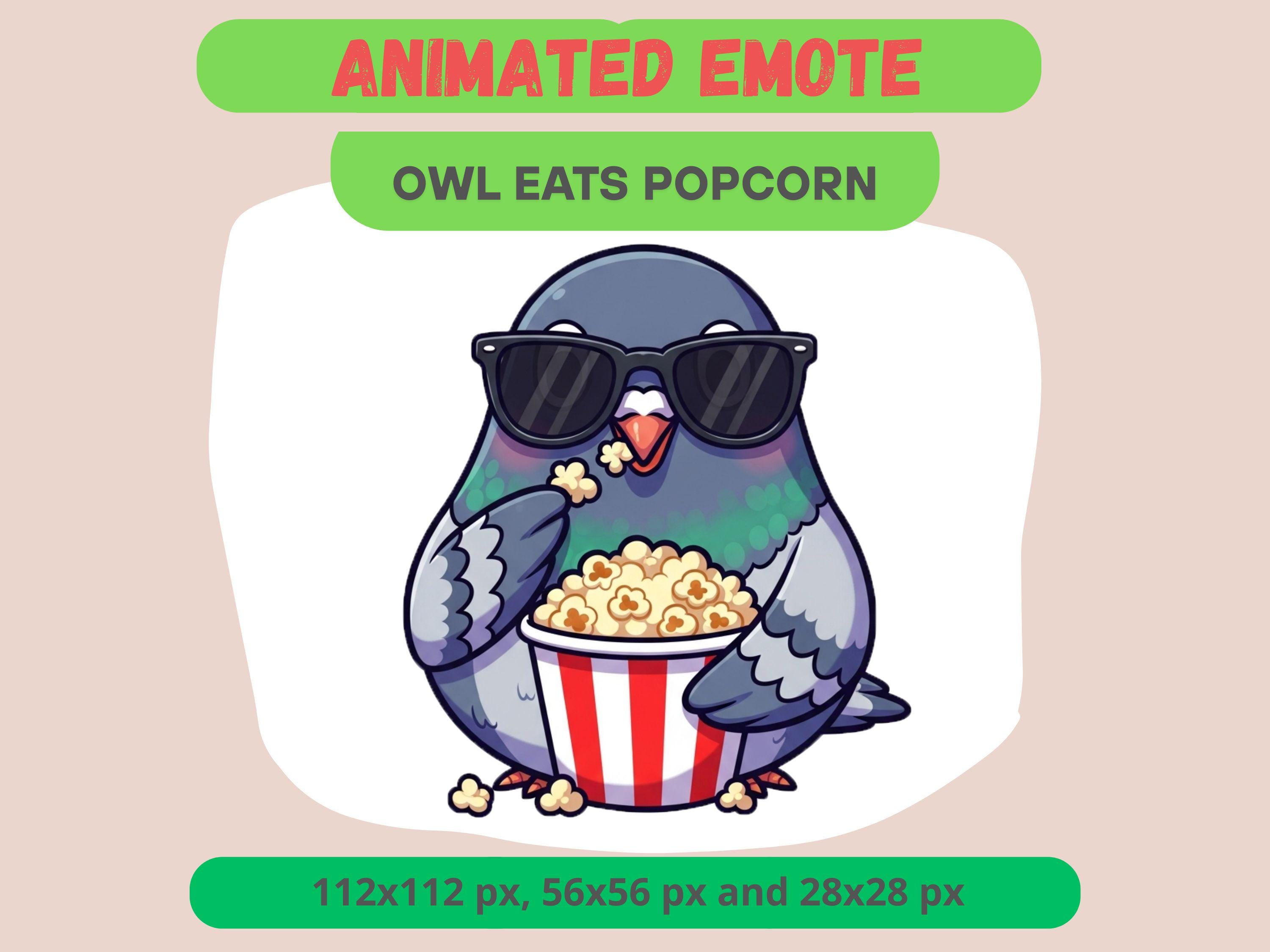 Animated Owl Eating Popcorn Emote For Twitch, Silly Cute Emoticon For Streamers, Playful Chat GIF Fo