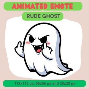 Könnte beinhalten: Animierter Emote eines weißen Geistes mit schwarzen Augen und Mittelfinger-Geste. Der Geist hat ein breites Grinsen und rosige Wangen. Der Text oben lautet "ANIMATED EMOTE" und "RUDE GHOST". Das Bild enthält Pixelmaße.