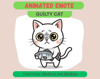 Guilty Cat Licking Fish Animated Emote for Streamers, Kawaii Cute Cat GIF For Kick, Discord, Twitch, White Puss Reaction Channel Point Badge