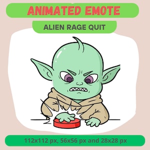 Może przedstawiać: Animowana emotka przedstawiająca zielonego kosmitę z wściekłą miną, naciskającego czerwony przycisk. Teksty "ANIMATED EMOTE" i "ALIEN RAGE QUIT" są wyświetlane nad kosmitą. Obraz zawiera również informacje o rozmiarze pikseli.