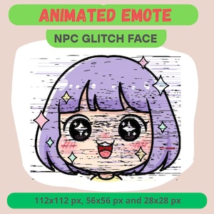 Può includere: Un'emote animata con un volto di cartone animato con capelli viola e occhi scintillanti. Il volto ha un effetto glitch, con il testo "ANIMATED EMOTE" e "NPC GLITCH FACE" sopra. L'immagine include anche le dimensioni.