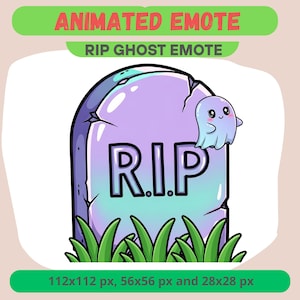 May include: Animated emote featuring a cartoon tombstone with "R.I.P." text and a cute ghost. The tombstone is purple with green accents and sits in front of green grass. The image includes the text "Animated Emote" and "Rip Ghost Emote".