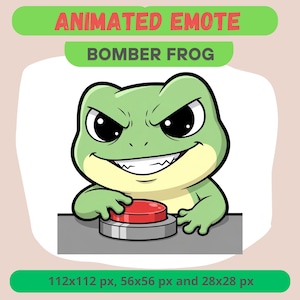 May include: Animated emote featuring a cartoon frog with an angry expression, pressing a red button. The text "ANIMATED EMOTE" and "BOMBER FROG" are displayed above the frog. The image also includes size specifications: 112x112 px, 56x56 px, and 28x28 px.