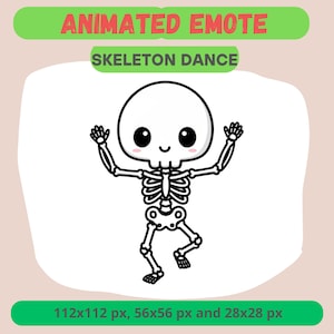 Puede incluir: Un esqueleto de dibujos animados bailando con los brazos levantados. La imagen incluye el texto "ANIMATED EMOTE" en una pancarta verde y "SKELETON DANCE" en una pancarta verde. La imagen también incluye el texto "112x112 px, 56x56 px y 28x28 px" en una pancarta verde.