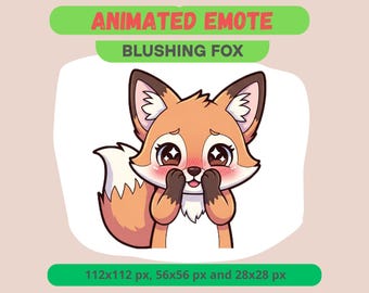 Animated Blushing Fox Emote For Streamers, Cute Shy Fox For Kick, PNG Silly Chat GIF For Twitch Streams, Emotional Kawaii Animal Sub Badge